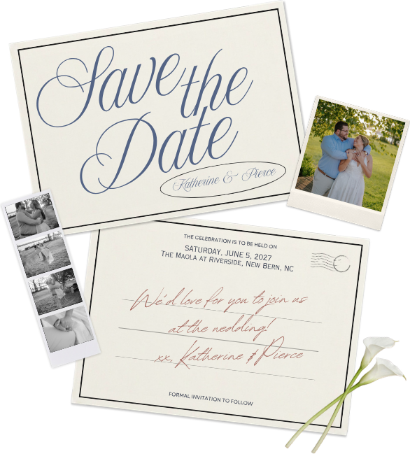 A save-the-date card, a postcard note, a strip of black and white photo booth frames and a polaroid, arranged with calla lilies.